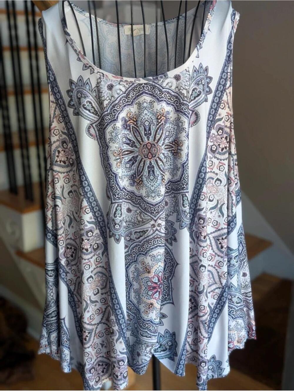 Blue Mood Women's 2X Boho Sleeveless Tunic Top with Medallion & Paisley Print